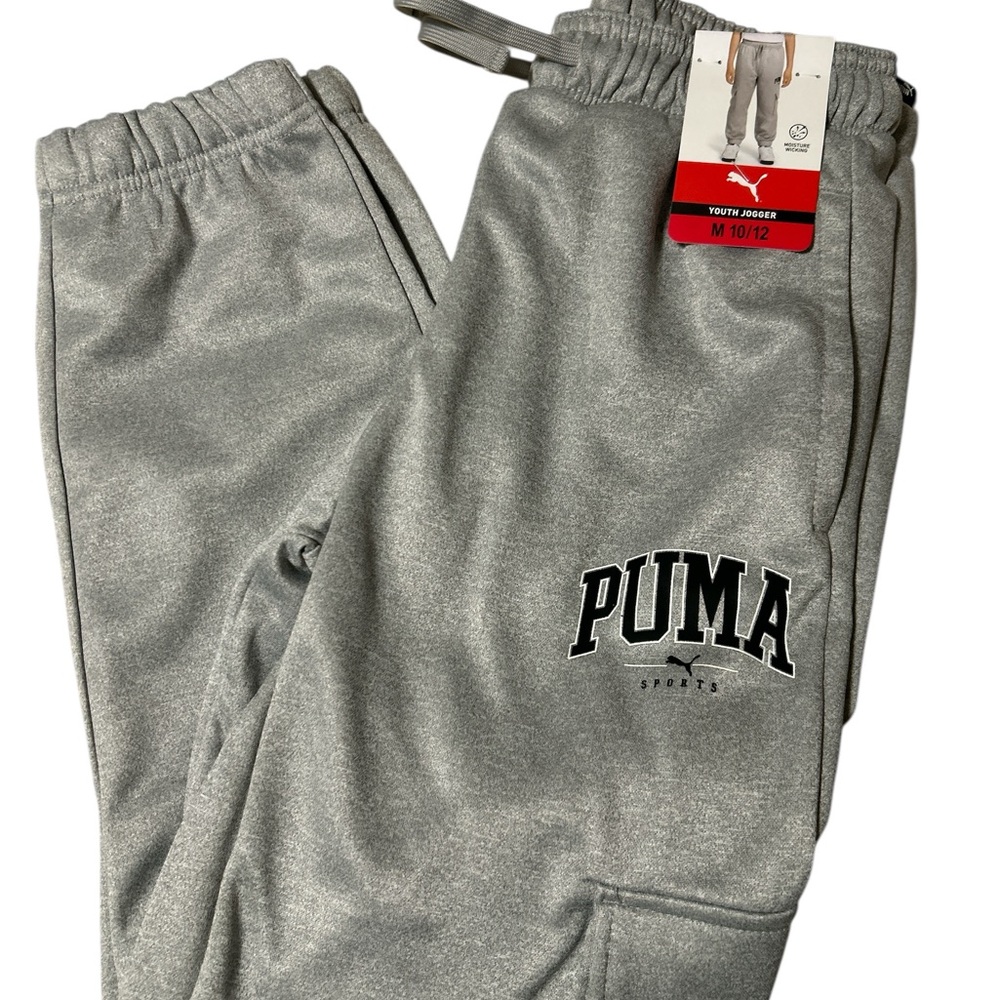 PUMA Youth Joggers Boys Medium 10/12 Heather Grey Athletic Sweatpants NWT